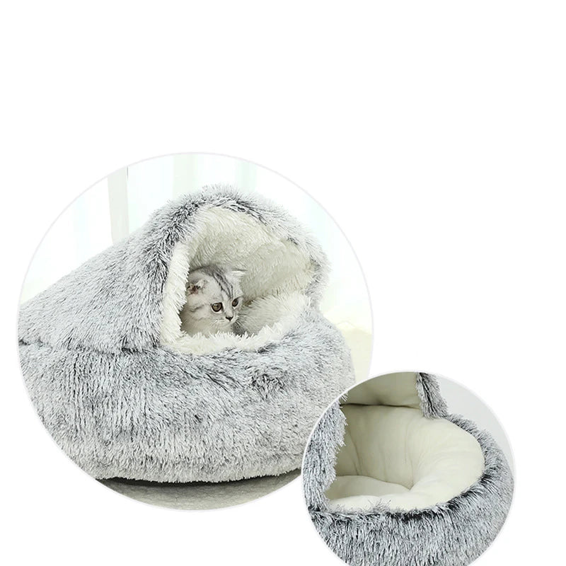 2 in 1 Warm Anti Anxiety Calming Plush Cat Cave Bed
