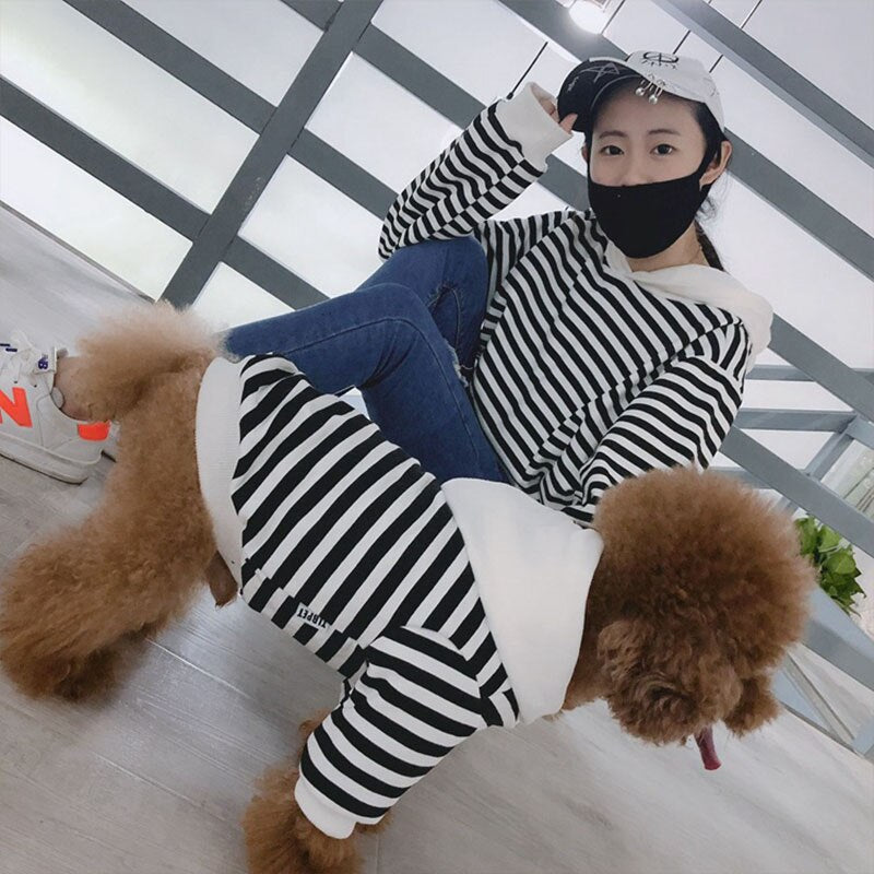Striped Top with Hood Matching Hoodie Outfit for Owner and Pet Dog